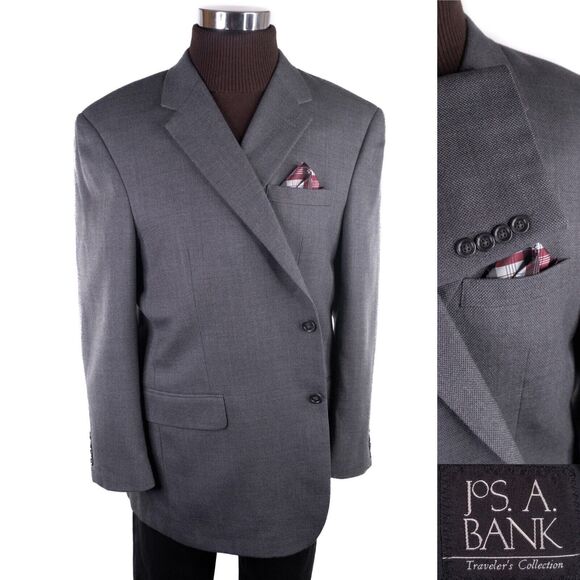 Jos A Bank Traveler's Men’s Sz 48R Gray 100% Wool Two Button Blazer Jacket Coat - Picture 1 of 13